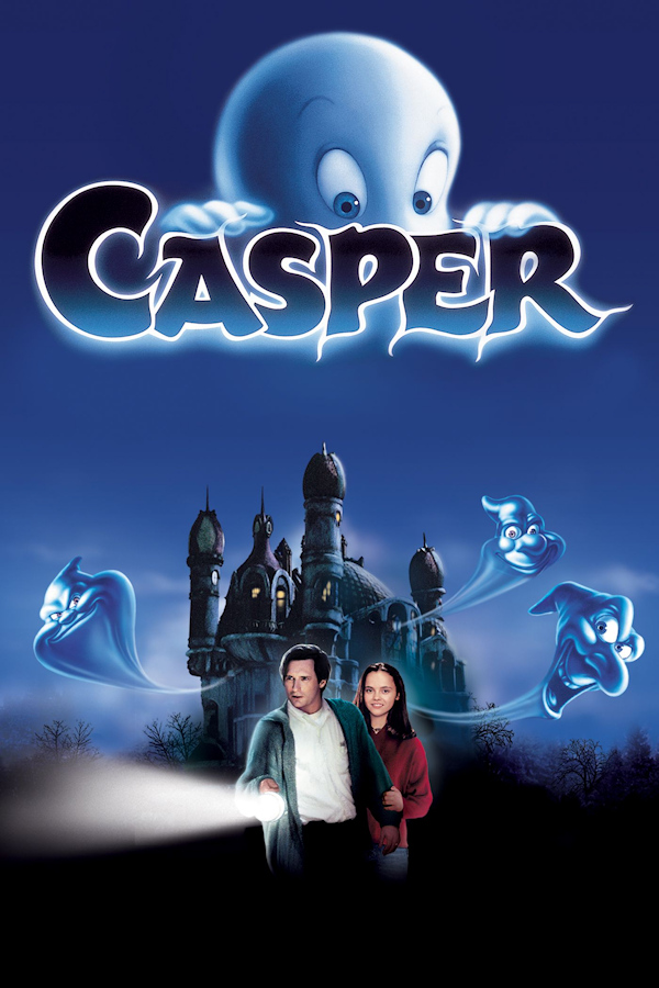 Casper Cover: A mansion with ghosts surrounding it in the background with Bill Pullman and Christina Ricci standing in front, Bill holding a flashlight