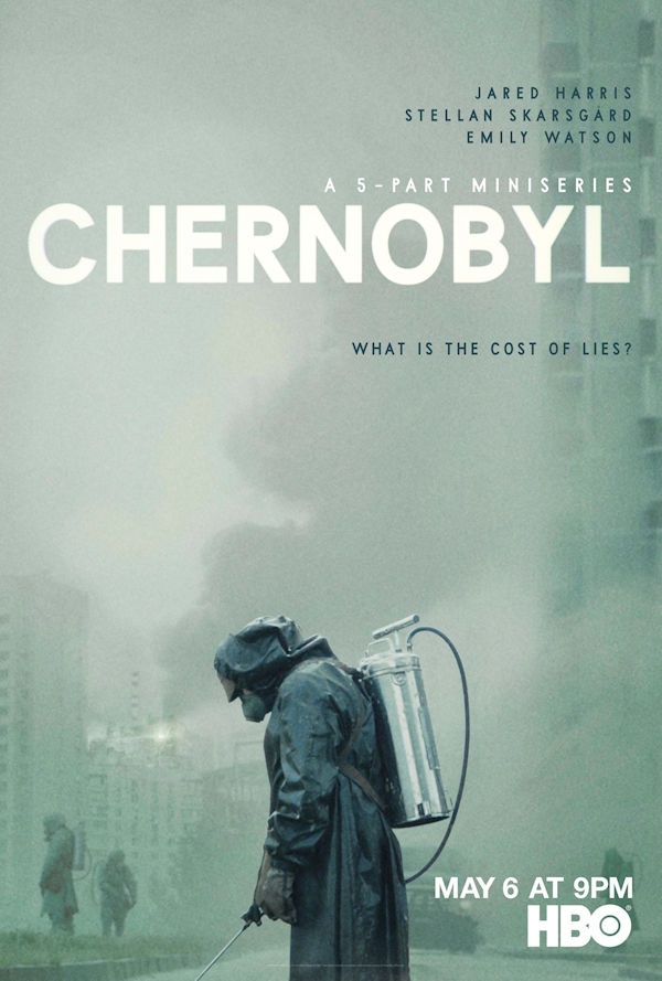 Chernobyl Cover: A person in a hazmat suit sprays something from a canister on their back on a dust-covered street