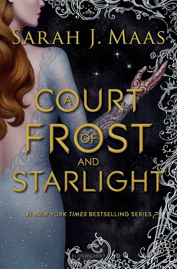 Cover of A Court of Frost and Starlight, featuring a woman in a silver dress touching the icy filagree at the edge of the cover
