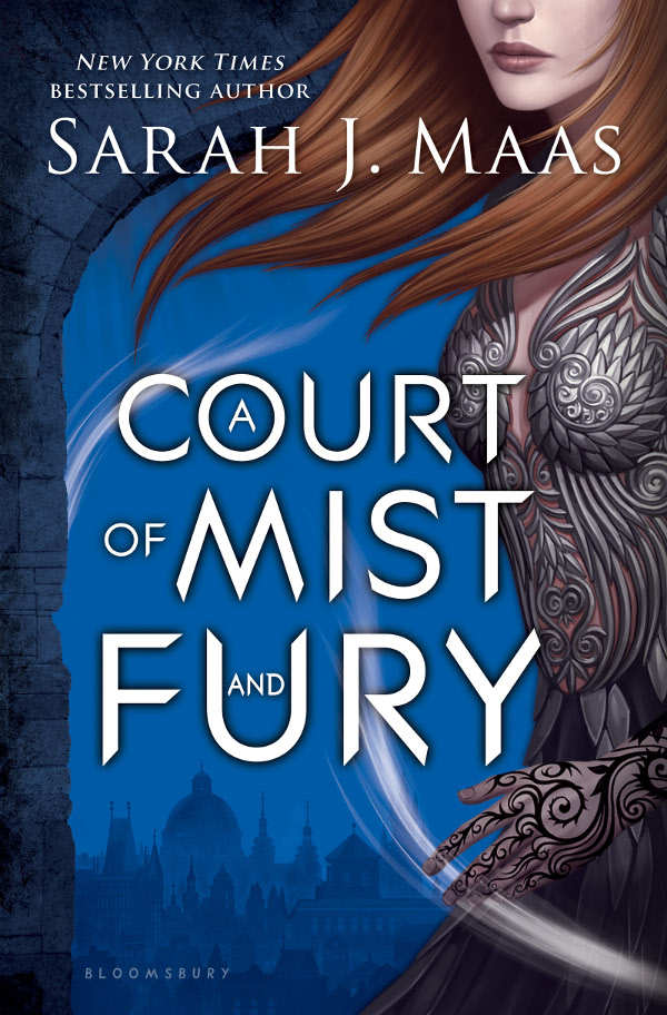 Cover of A Court of Mist and Fury, featuring a red-haired woman in ornate silver armor in front of a blue cityscape background
