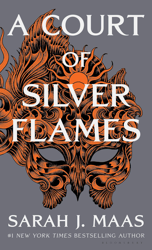 Cover of A Court of Silver Flames, featuring an ornate orange mask with ocean motifs on a grey background