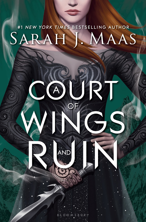 Cover of A Court of Thorns and Roses, featuring a woman in a black dress holding a sword in front of a green background