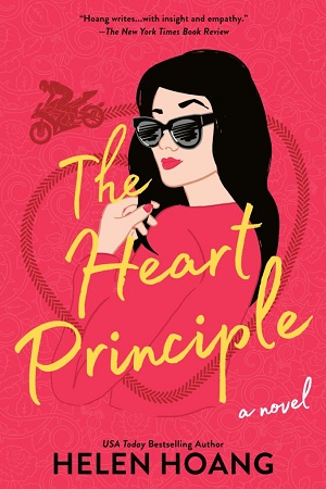 Cover The Heart Principle: A woman in sunglasses looks at the reader over her shoulder while a tiny motorcycle leaves a tire track in the shape of a heart around her