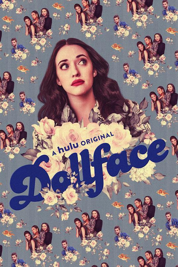 Dollface Cover: Close up of Kat Dennings with a wallpaper-like background featuring her friends from the show