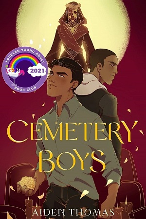 Cover of CEMETERY BOYS: Two boys standing among tombstones and candles, with a full moon and a floating skeleton in a hooded robe and flower crown behind them