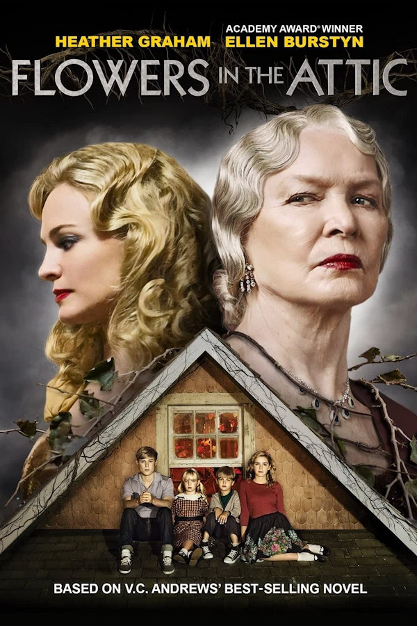 Flowers in the Attic Movie cover: The children characters sit in a dollhouse-sized attic with the mom and grandmother's faces hovering over it