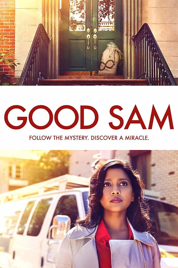 Good Sam Cover: A woman stands in front of a news van and a bag of money sits on a porch