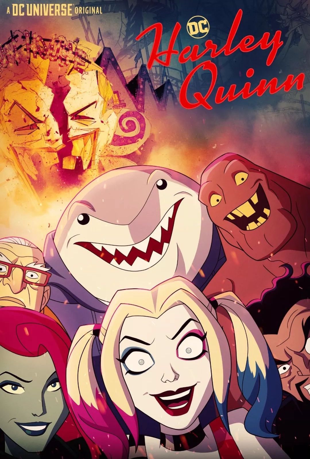 Harley Quinn Cover: Harley Quinn and her friends stand in front of a cityscape with Joker's face