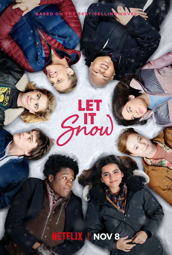 Let It Snow Cover: 8 teenagers lay in a circle on the snow with their heads in the middle
