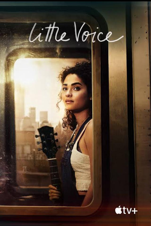 Little Voice Cover: Bess stands at the window of a subway train car holding her guitar