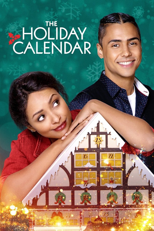 The Holiday Calendar Cover: A woman leans against a large advent calendar house while a man stands next to her.