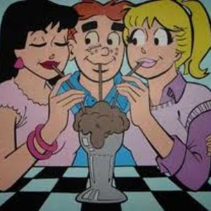 Archie, Veronica and Betty sipping from the same milkshake