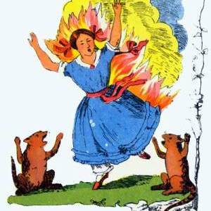 Illustration of a girl on fire, as her kittens look on in horror