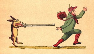 Drawing of a nearsighted rabbit shooting a hunter