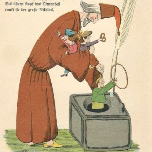 A drawing of Santa Claus dunking boys in an inkwell