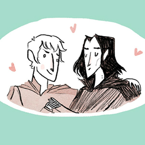 Illustration of Simon and Bazz looking at each other adoringly with hearts around them
