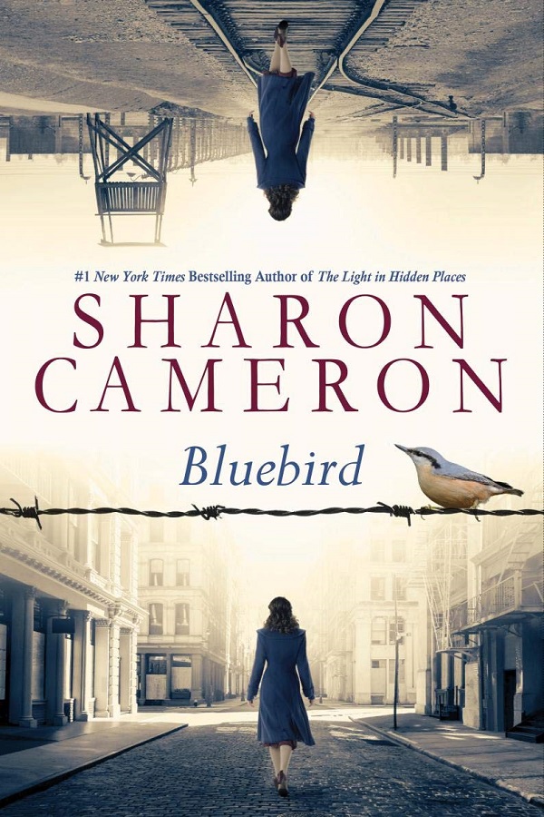 Cover of Bluebird. Photo of a young woman on the streets of 1940s New York with her back to the view. A reversed image on top shows her walking in a concentration camp