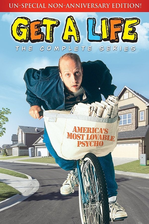 Cover of Get a Life DVD. Chris Elliott riding his paper delivery bike