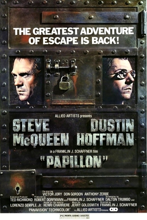 Movie poster for Papillon. Steve McQueen and Dustin Hoffman peer through a prison door