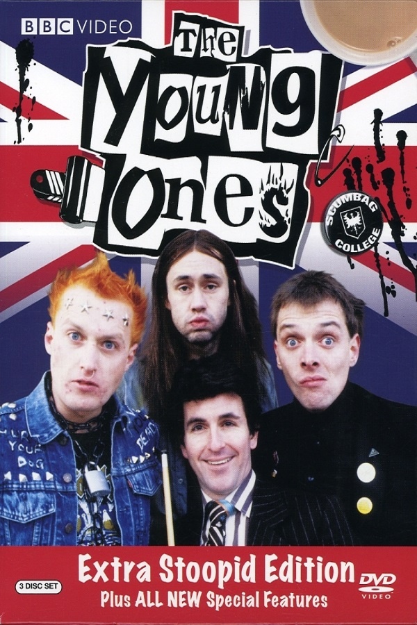 Cover of The Young Ones DVD, featuring the four main cast members in front of a Union Jack