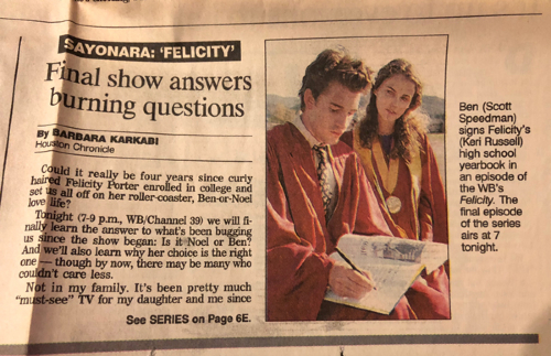 Newspaper article with headline: "Sayonara: Felicity. Final show answers burning questions."