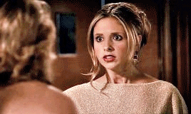 Joyce, looking cute in a black halter top, teasing Buffy by the stairs