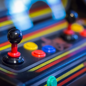 Close up of the buttons on a video game machine from the '80s