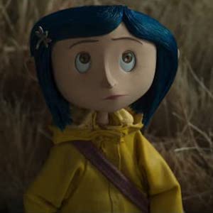 Coraline (from Coraline) with blue hair wears a yellow raincoat and rolls her eyes