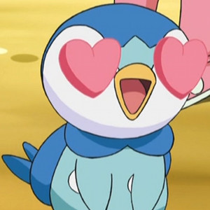 Pipliup Pokemon with its mouth open and hearts for eyes