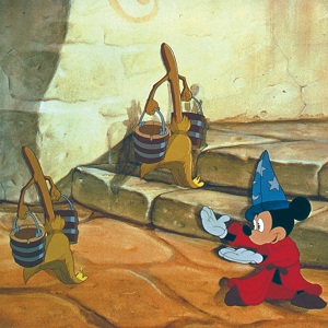 Mickey Mouse as the apprentice directing brooms with buckets