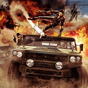 A truck with an explosion behind it and a man with a gun jumping over the top