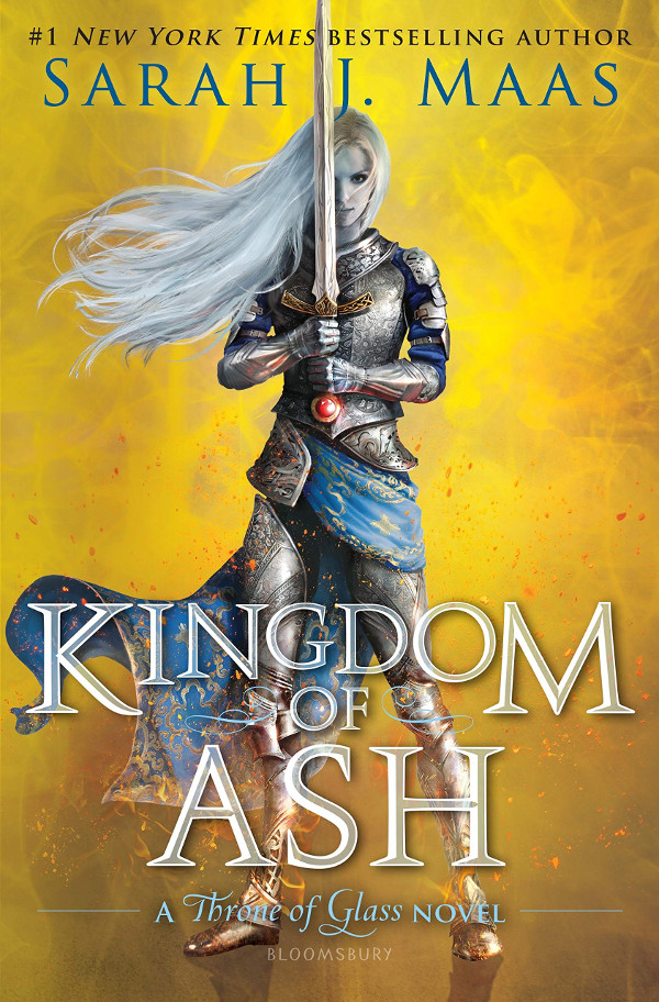 Cover of Kingdom of Ash, featuring a woman with white hair holding a sword standing in front of a yellow background