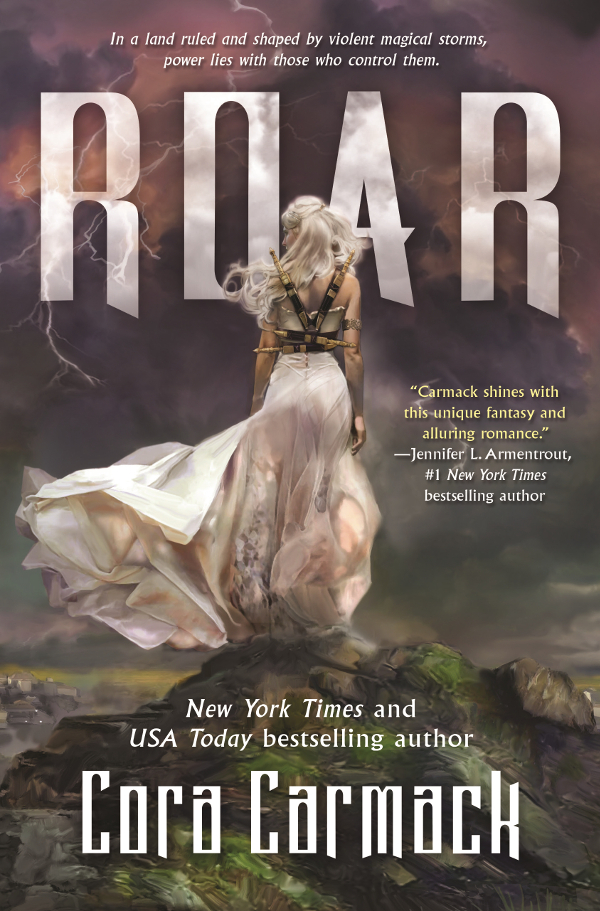 Cover of Roar, featuring a young woman with white hair in a white dress standing on a rock, facing away from the viewer