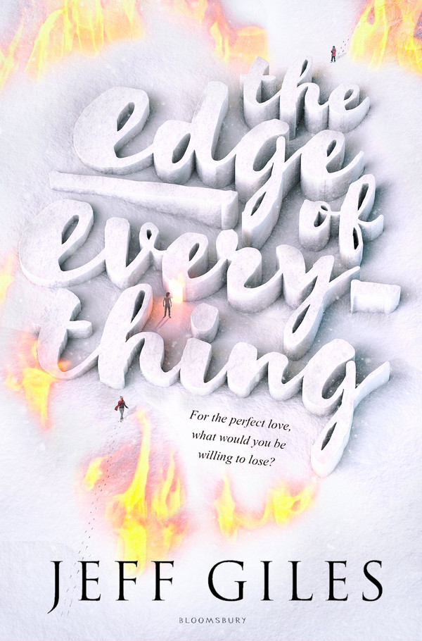 Cover of The Edge of Everything, featuring the title in white with flames around it and small people standing nearby