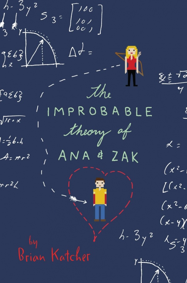 A navy background with white mathematical equations and an 8-bit boy and girl apart; the girl has a bow and an arrow flies towards him
