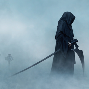 The Grim Reaper or Death holding a scythe in the middle of a foggy graveyard