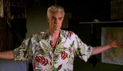 Spike is unamused wearing a baggy tropical shirt (Buffy the Vampire Slayer)