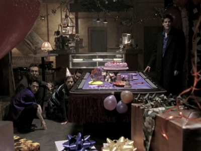 The scooby gang hiding at buffy's birthday party