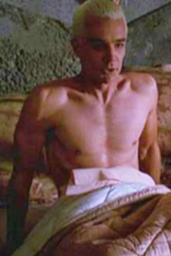Spike shirtless in bed.