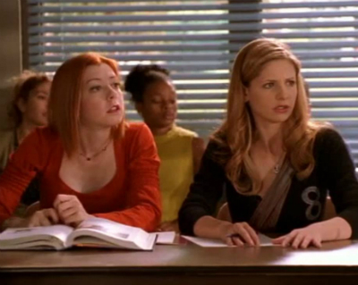 Willow and Buffy sitting in college class