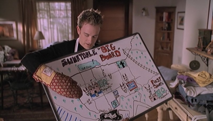 Andrew's handdrawn map of Sunnydale on a white board.