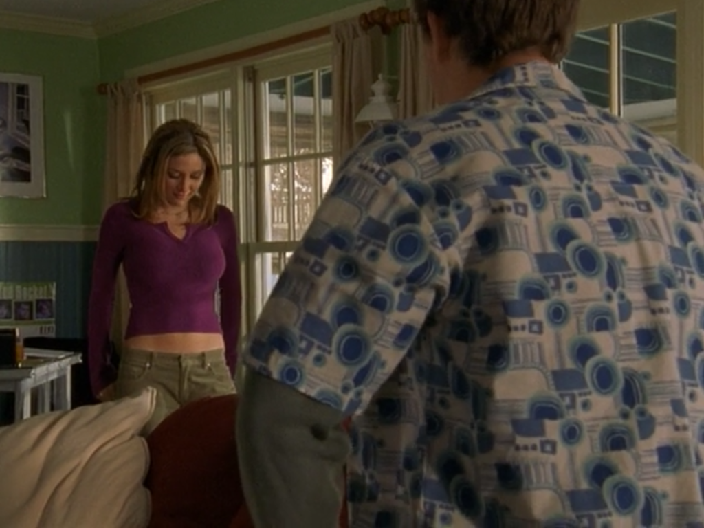 Pacey's loud white and blue shirt and Gretchen's shrunken purple shirt