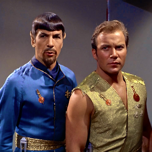 The evil Mirror Universe versions of Spock and Kirk from Star Trek glare at the camera