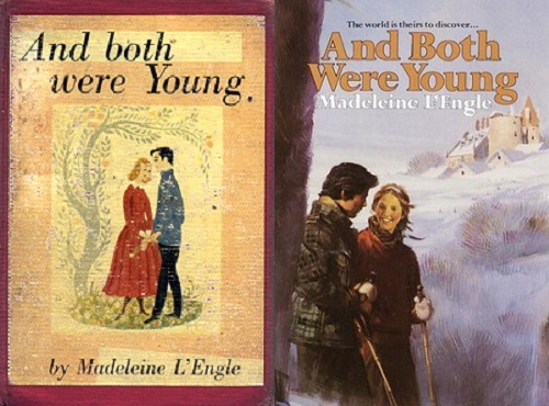 A medieval looking version of the book's couple alongside an '80s version of the couple on a mountain top
