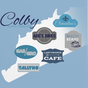 Map of Colby, a beach town with local businesses highlighted with signs