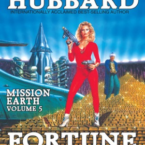 Cover of Fortune of Fear. Sexy spacewoman stands on a mountain of gold bars