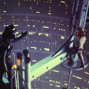 Darth Vader reaching out to Luke Skywalker, proclaiming 'I am your father'