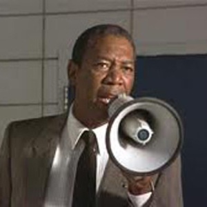 Morgan Freeman with megaphone as Principal Joe Clark in Lean on Me