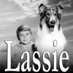 Title screen of Lassie, featuring Timmy and Lassie the collie dog