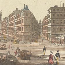 An old illustration of London, with four story buildings and people wearing hats and gowns walking on the street next to a horse and buggy